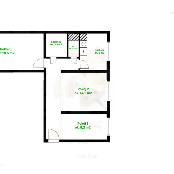 Mieszkanie 65m2, 1 piętro, 3 pokoje, Rąbin