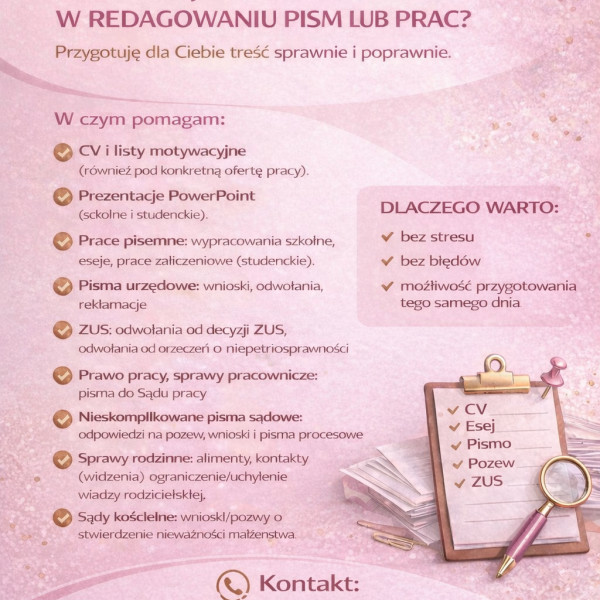 Pisanie pism sądowe, szkolne, ZUS,PEFRON, odwołania ,pozwy ,sprzeciwy