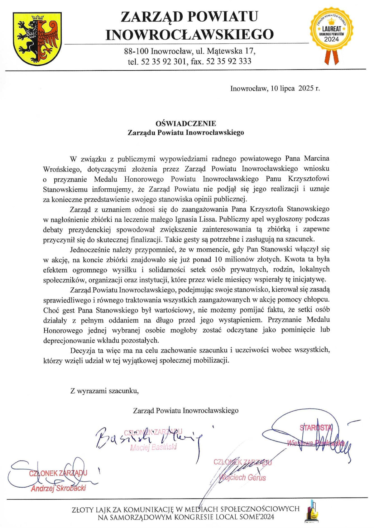 Oświadczenie Zarządu