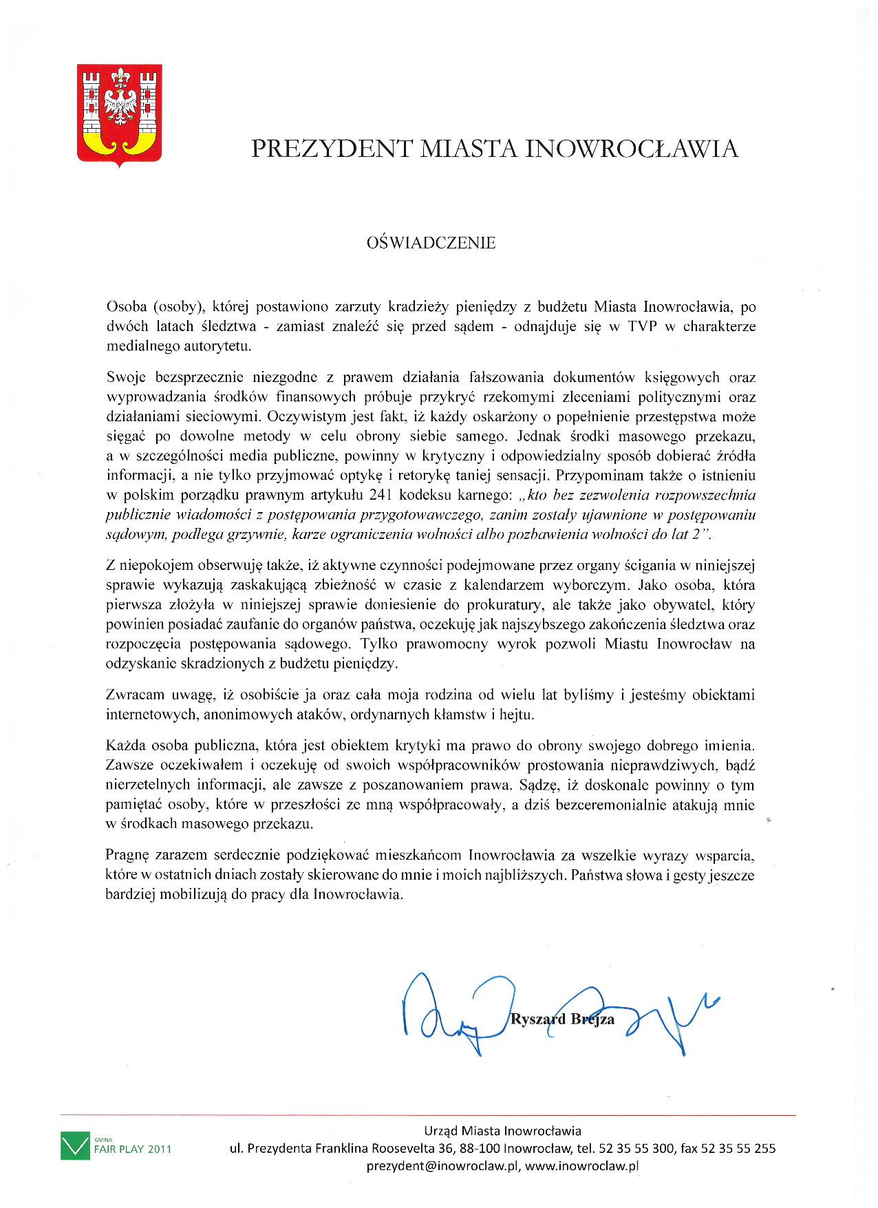 Oświadczenie Prezydenta Miasta Inowrocławia - 26.08.2018 r.