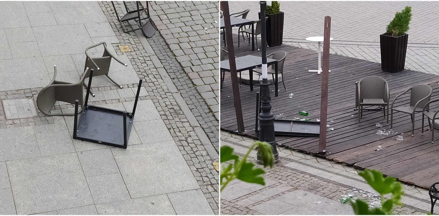 Inowrocław - Rozrzucone krzesła i zbite szkło. W centrum miasta