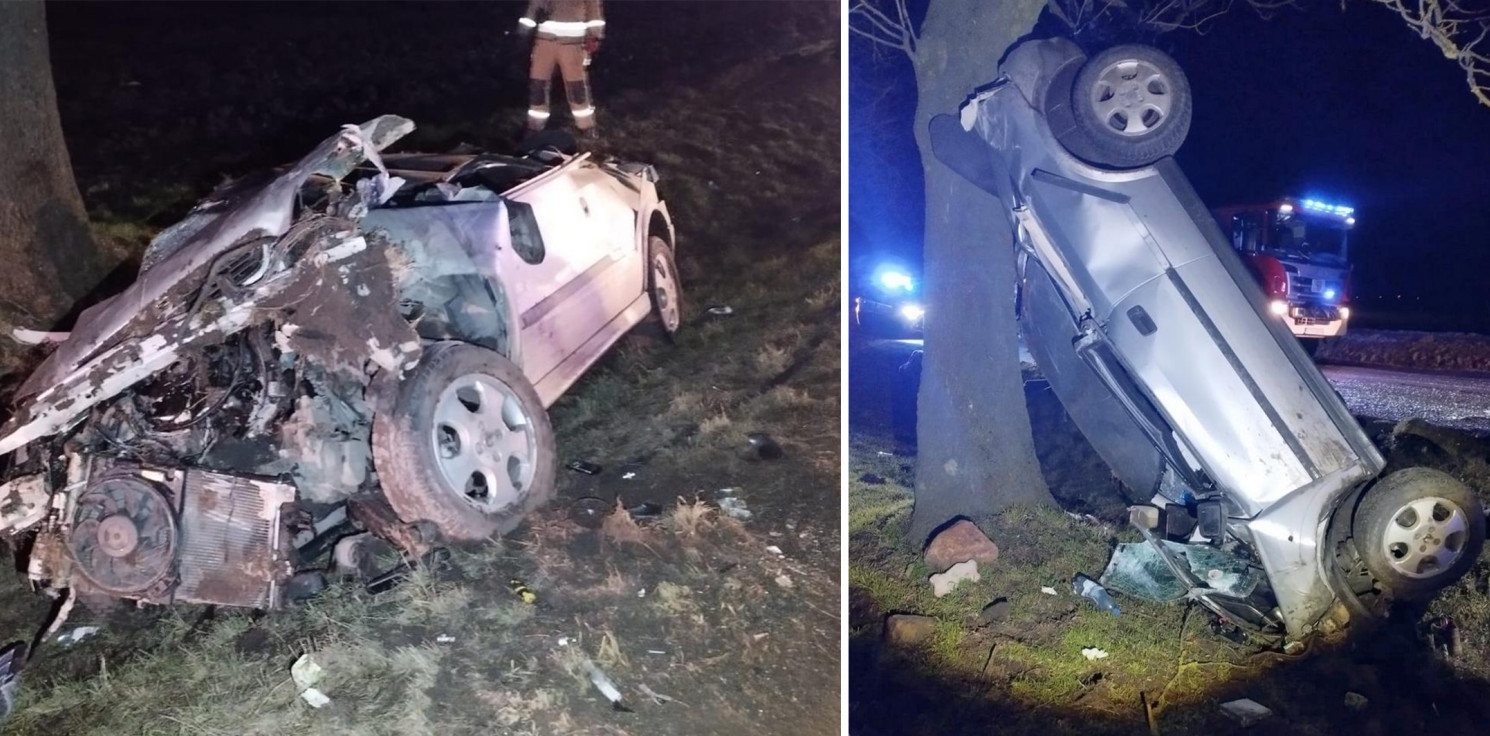 Radziejów - Auto niemal pionowo oparło się o drzewo. To efekt pijackiego rajdu 19-latka