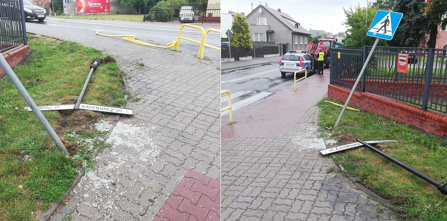 Kruszwica.online - Ciągnik staranował znaki i barierki ochronne