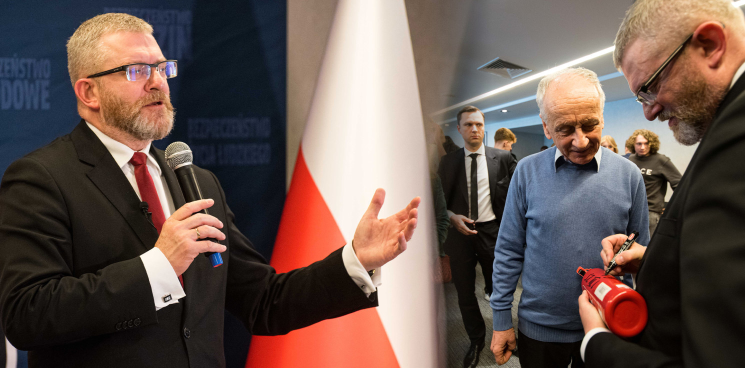 Inowrocław - Ludzie z gaśnicami na spotkaniu Grzegorza Brauna w Inowrocławiu. Co się stało?