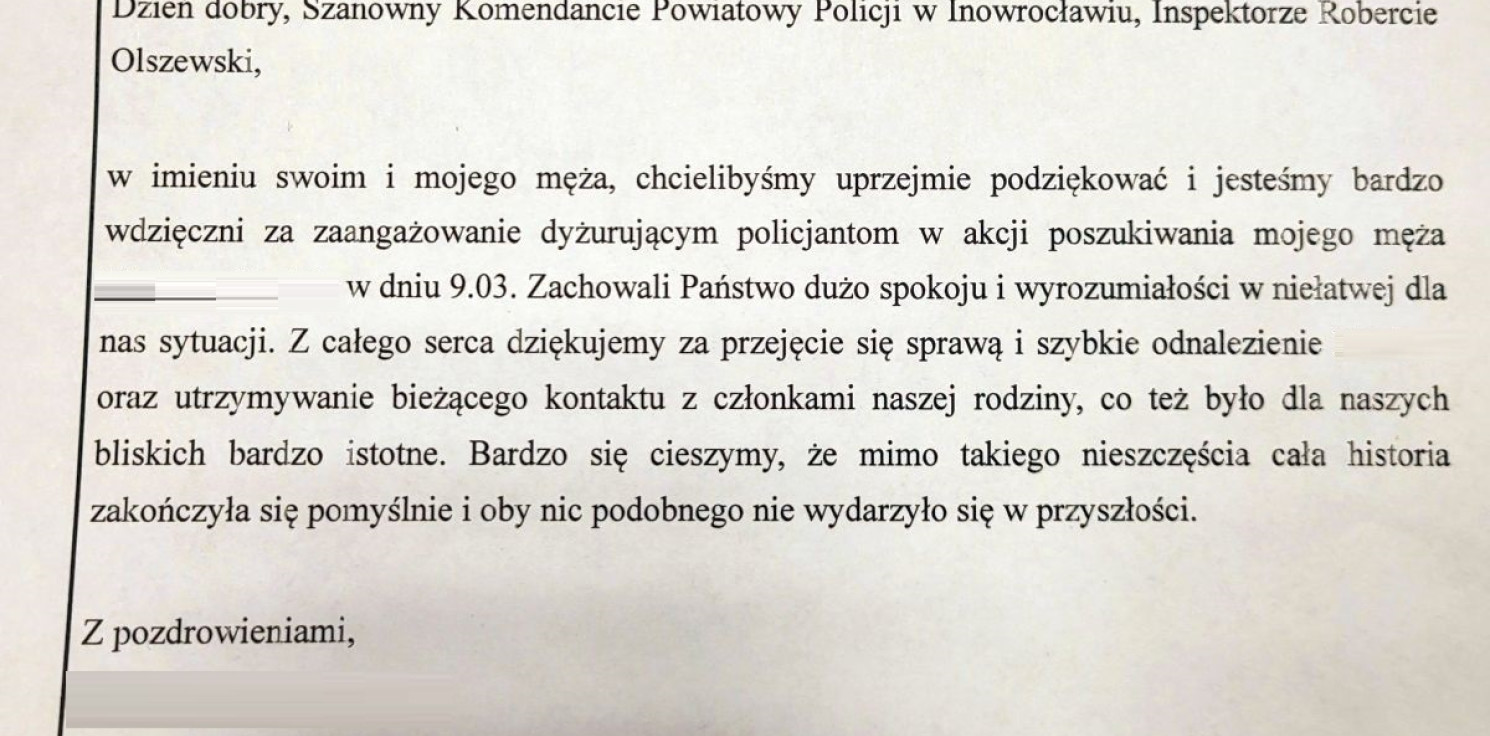 Inowrocław - Dramatyczne poszukiwania i szczęśliwy finał. Seniorzy dziękują policji