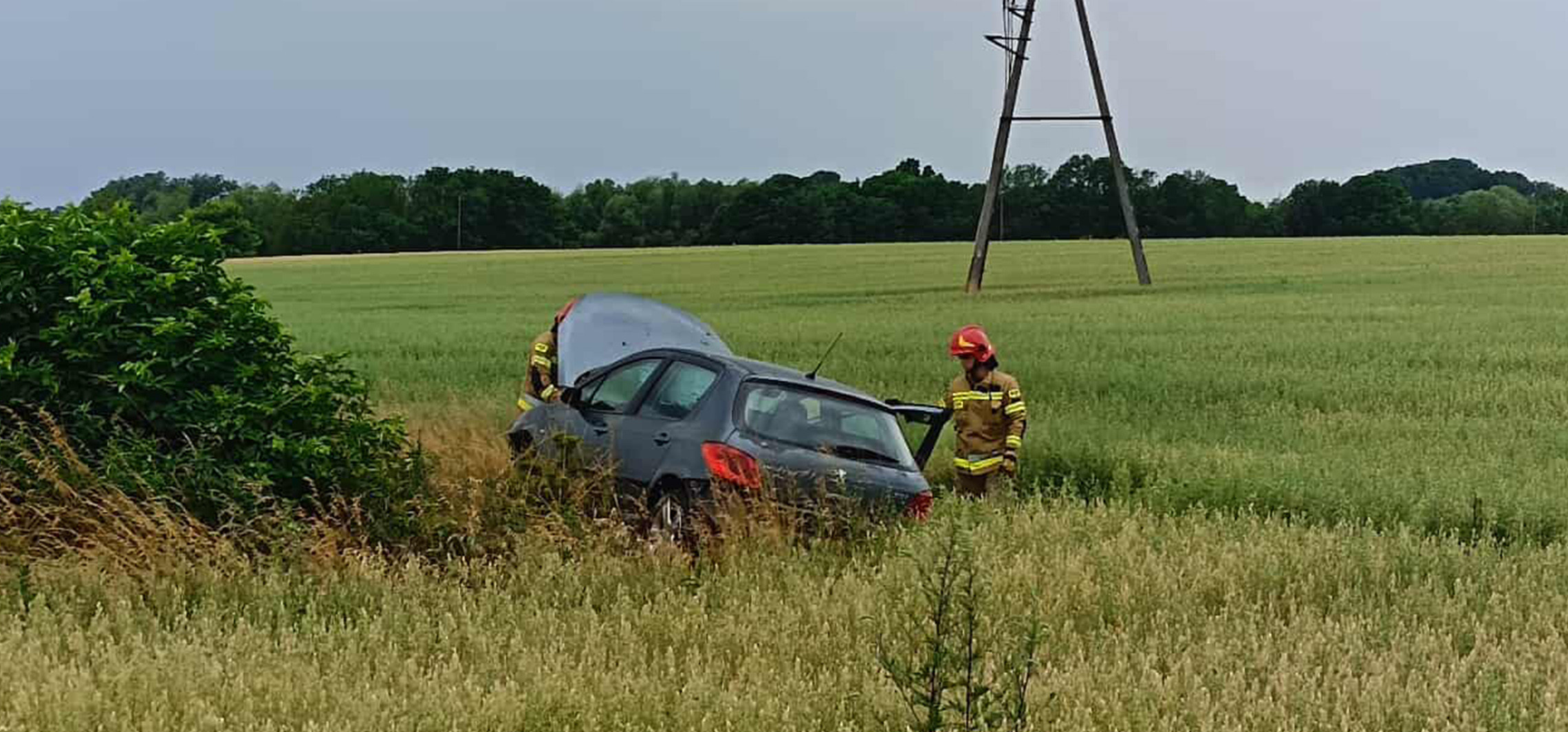Peugeot wypadł z drogi i zatrzymał się w polu