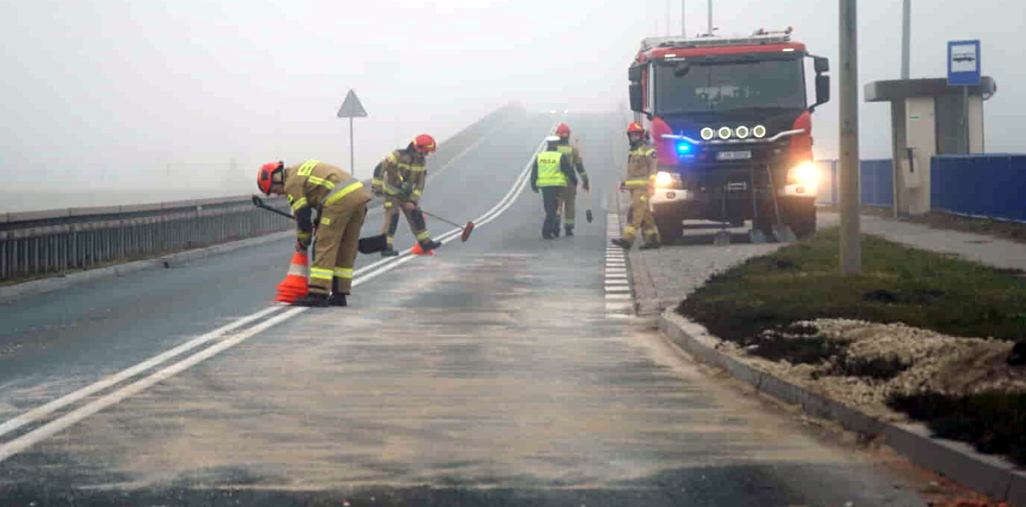 Region - Biały kamień rozsypany na drodze. Strażacy w akcji