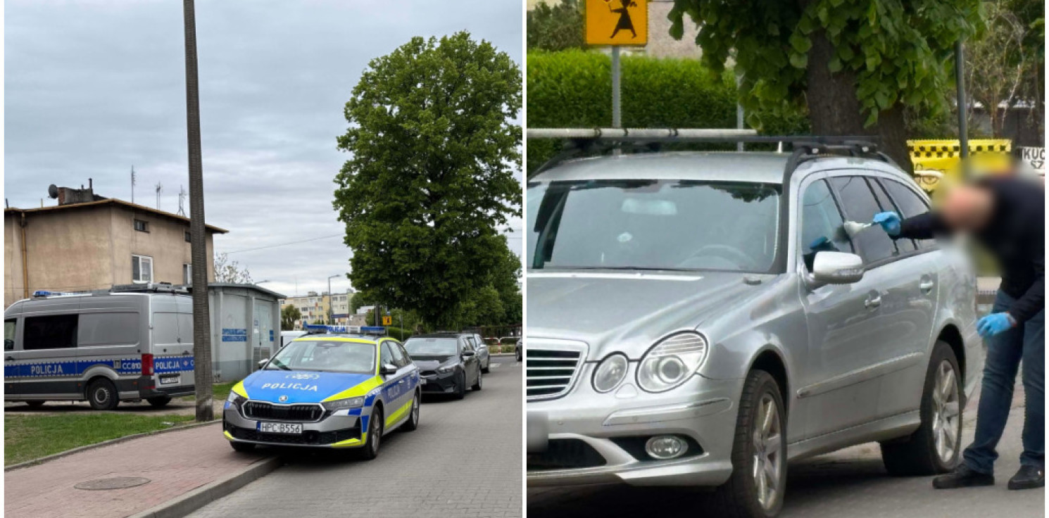 Inowrocław - Ślady zabezpieczane przy Mercedesie. Policyjna akcja na Okrężku