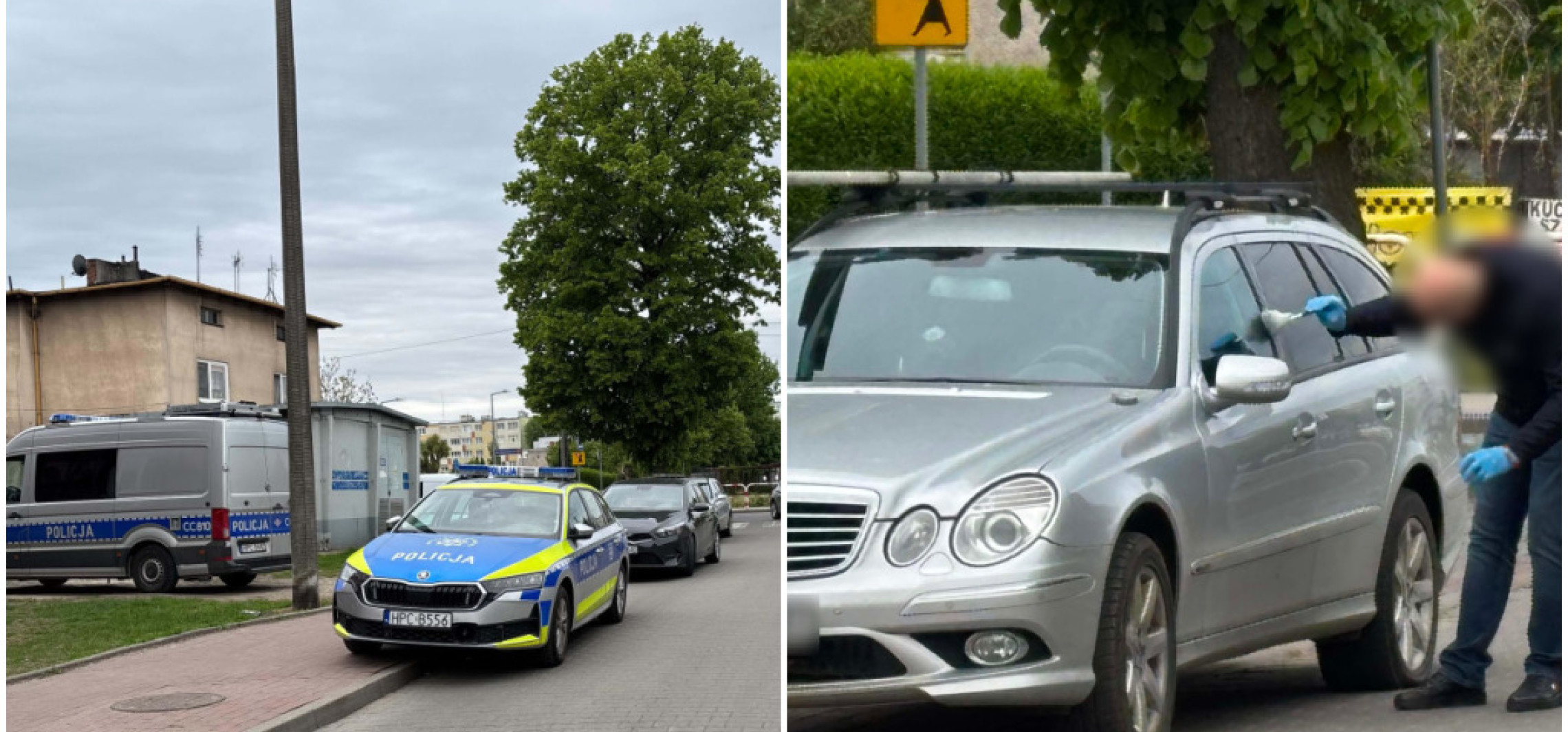 Ślady zabezpieczane przy Mercedesie. Policyjna akcja na Okrężku