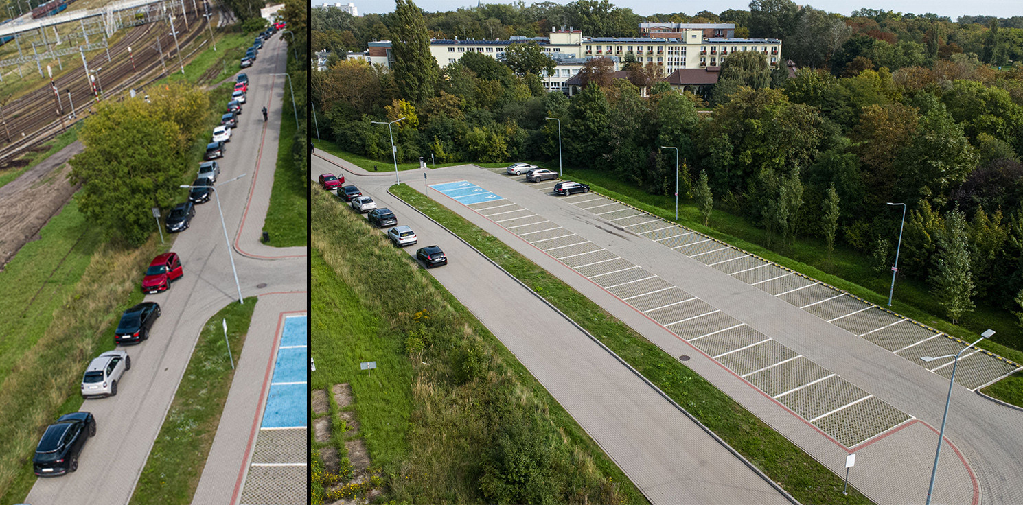Inowrocław - Parking świeci pustkami, a samochody stoją przy drodze
