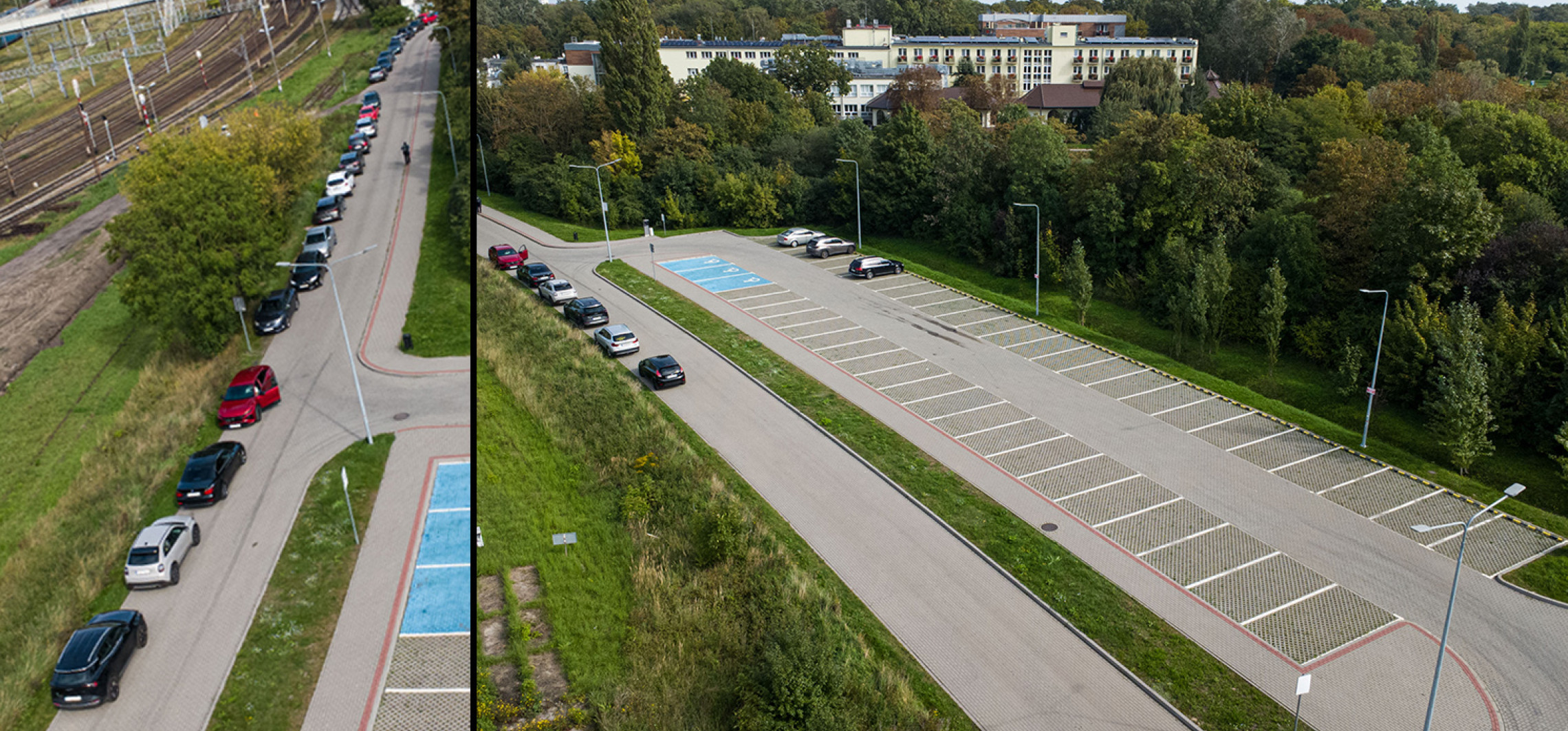 Parking świeci pustkami, a samochody stoją przy drodze