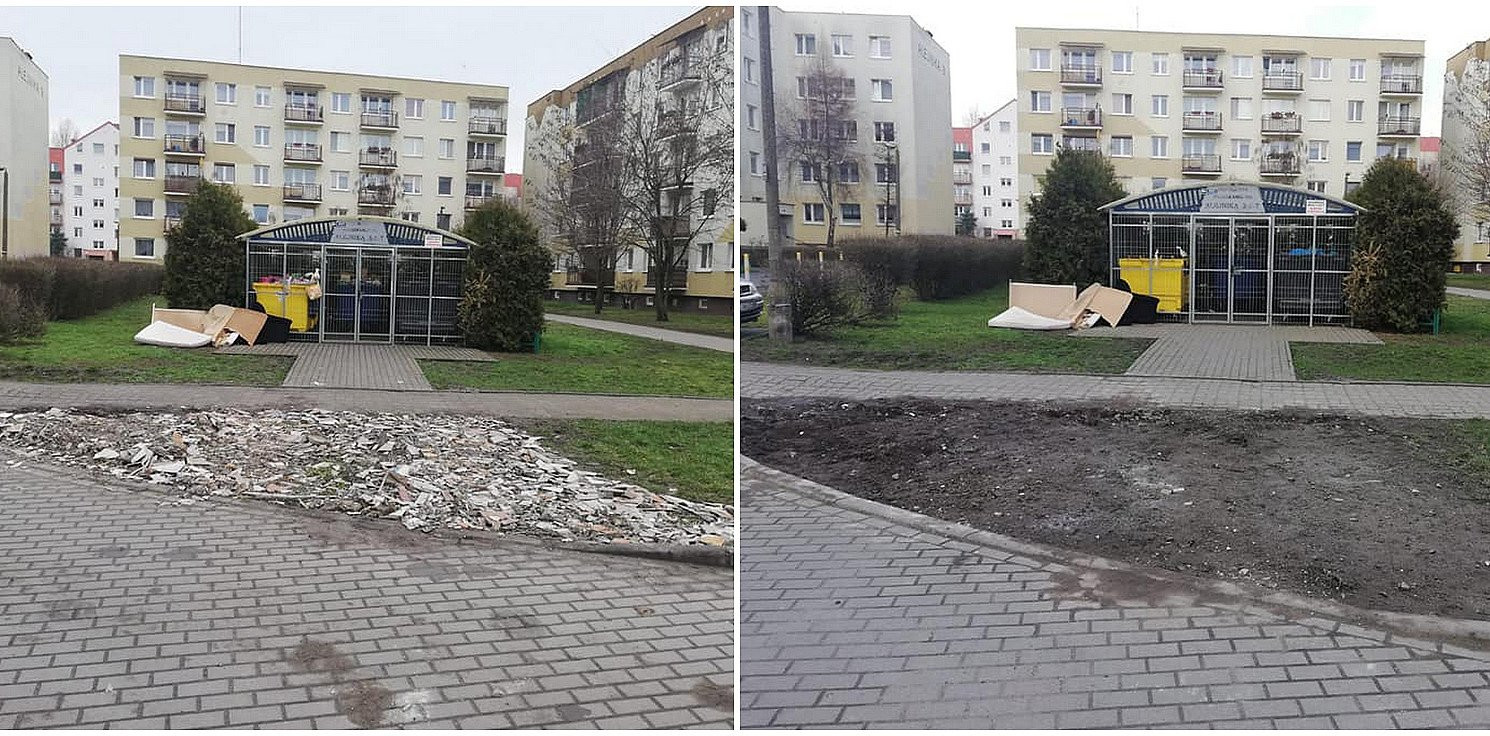 Inowrocław - Zniszczony trawnik zastąpił połamanymi kaflami
