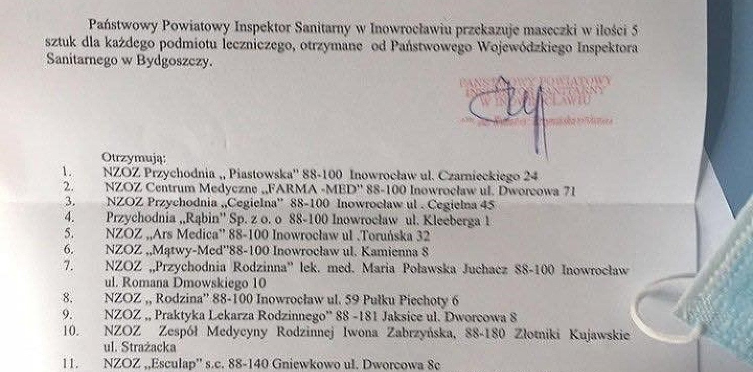 Inowrocław - Przychodnie dostały... po 5 sztuk maseczek
